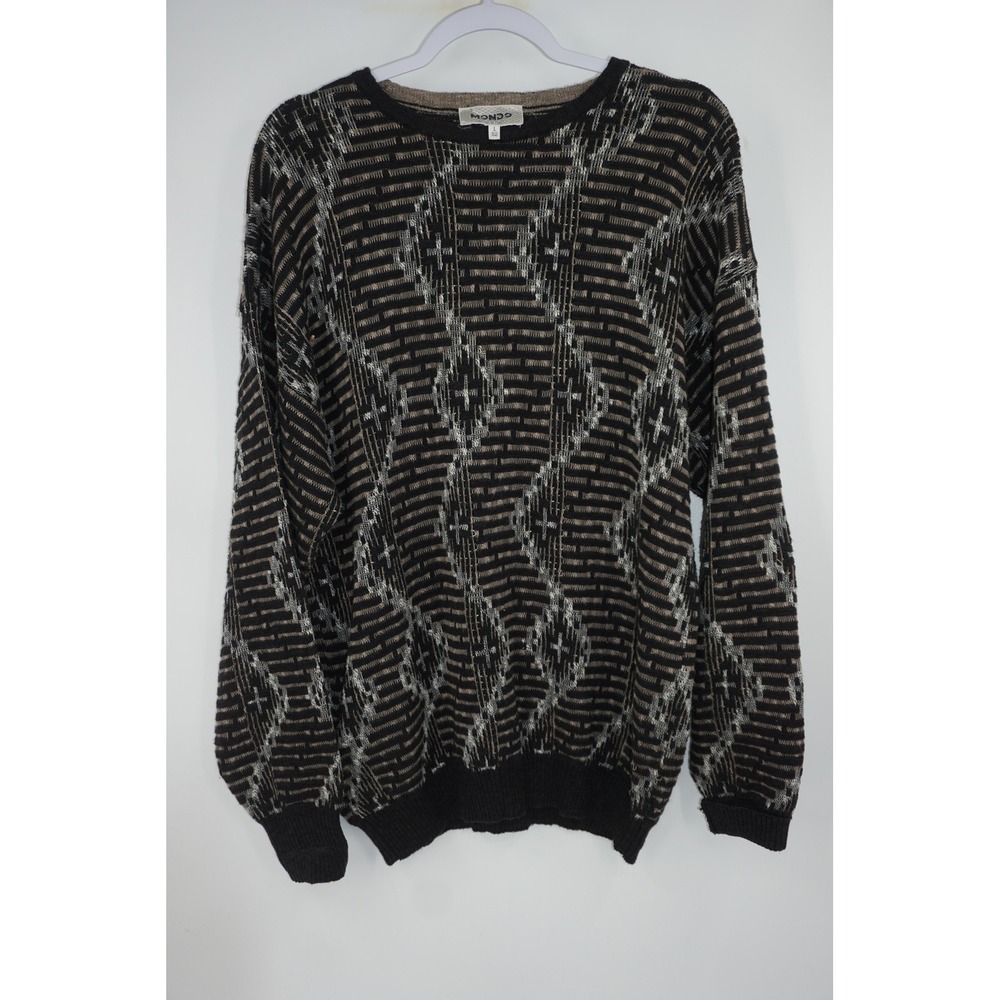 Mondo Sweater Mens Large 52 Black Brown‎ Geometric Knit Pullover Made Italy